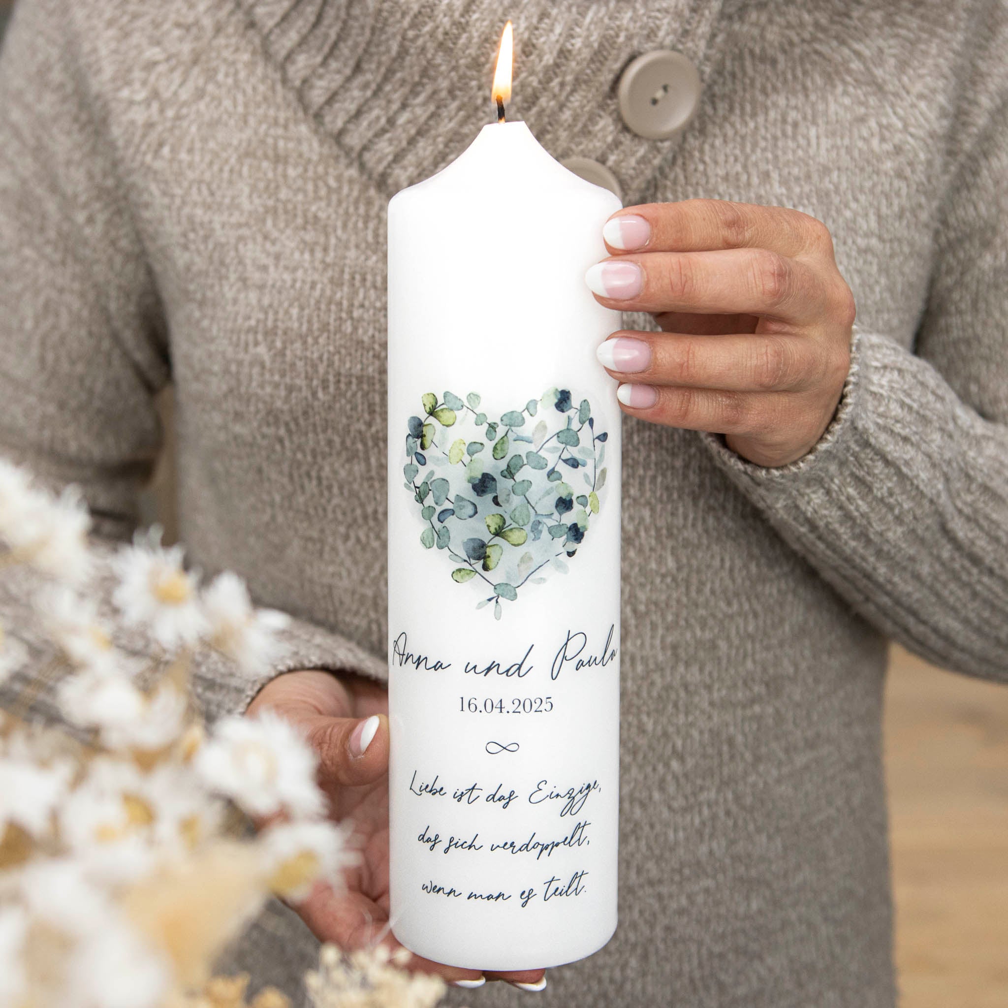 Hochzeitskerze Eukalyptus Herz
