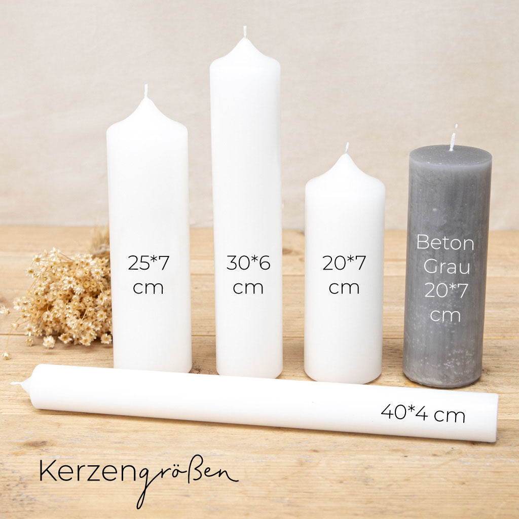 Fünf verschiedene Kerzengrößen und Kerzenfarben für dein Motiv