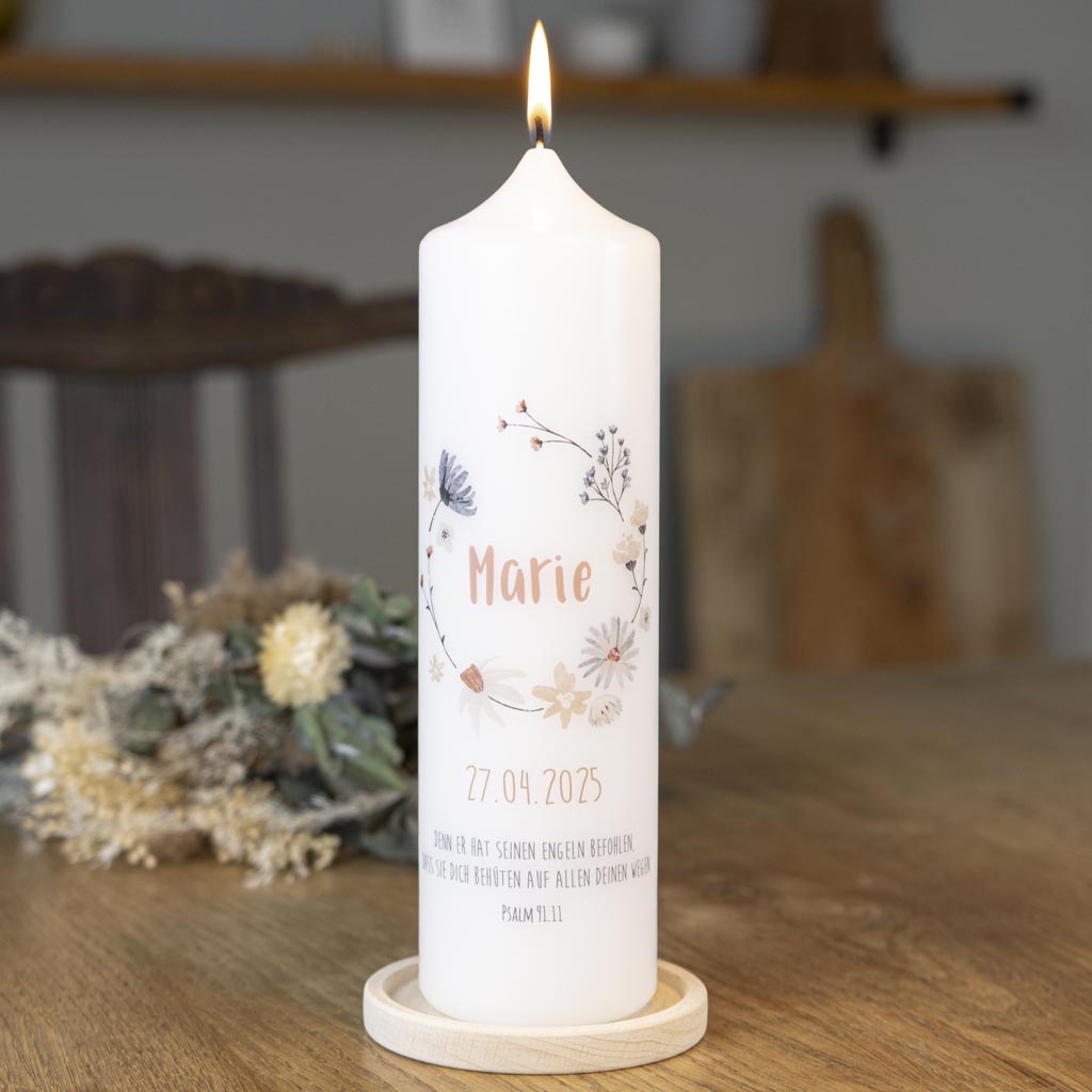 Kommunionkerze Blumenkranz Marie