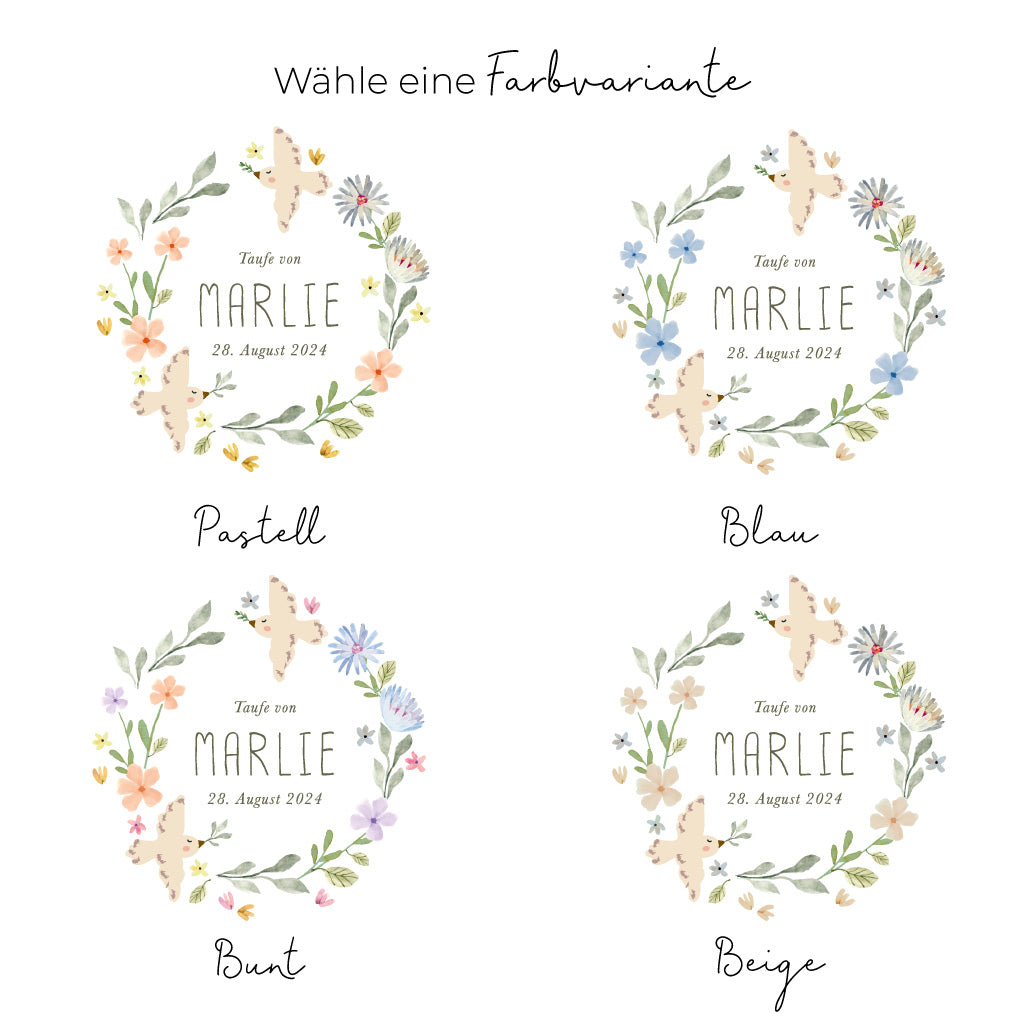 Taufkerze Blumen Marlie in 4 wunderschönen Farben. Wähle eine Farbvariante und dein Design wird in dieser Farbe gestaltet.