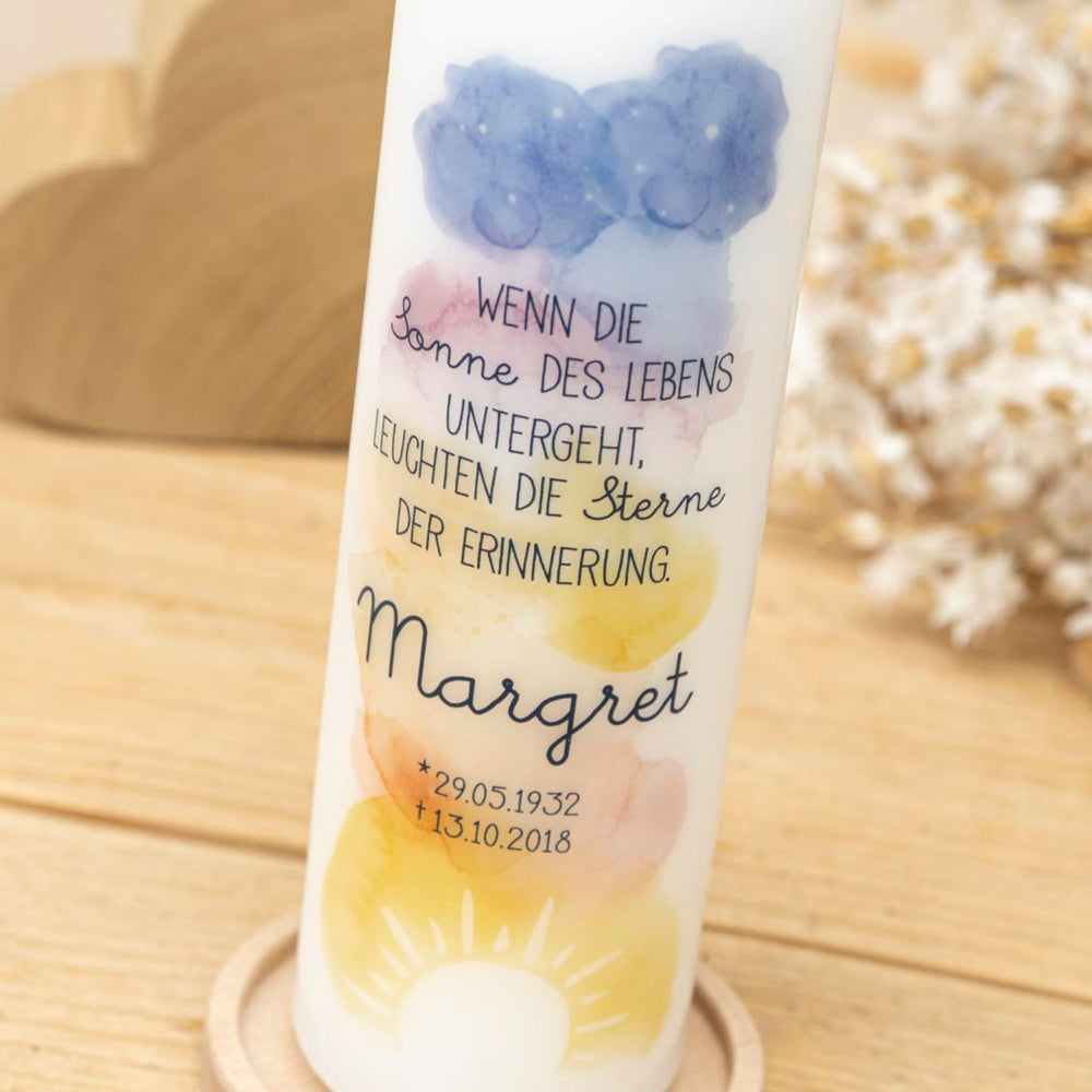 Trauerkerze Sonnenuntergang mit Spruch, Namen und Daten