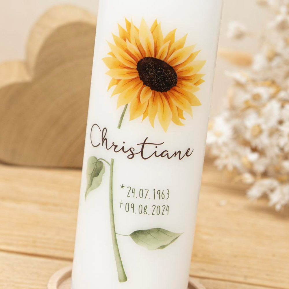 Trauerkerze Sonnenblume mit Name und Daten