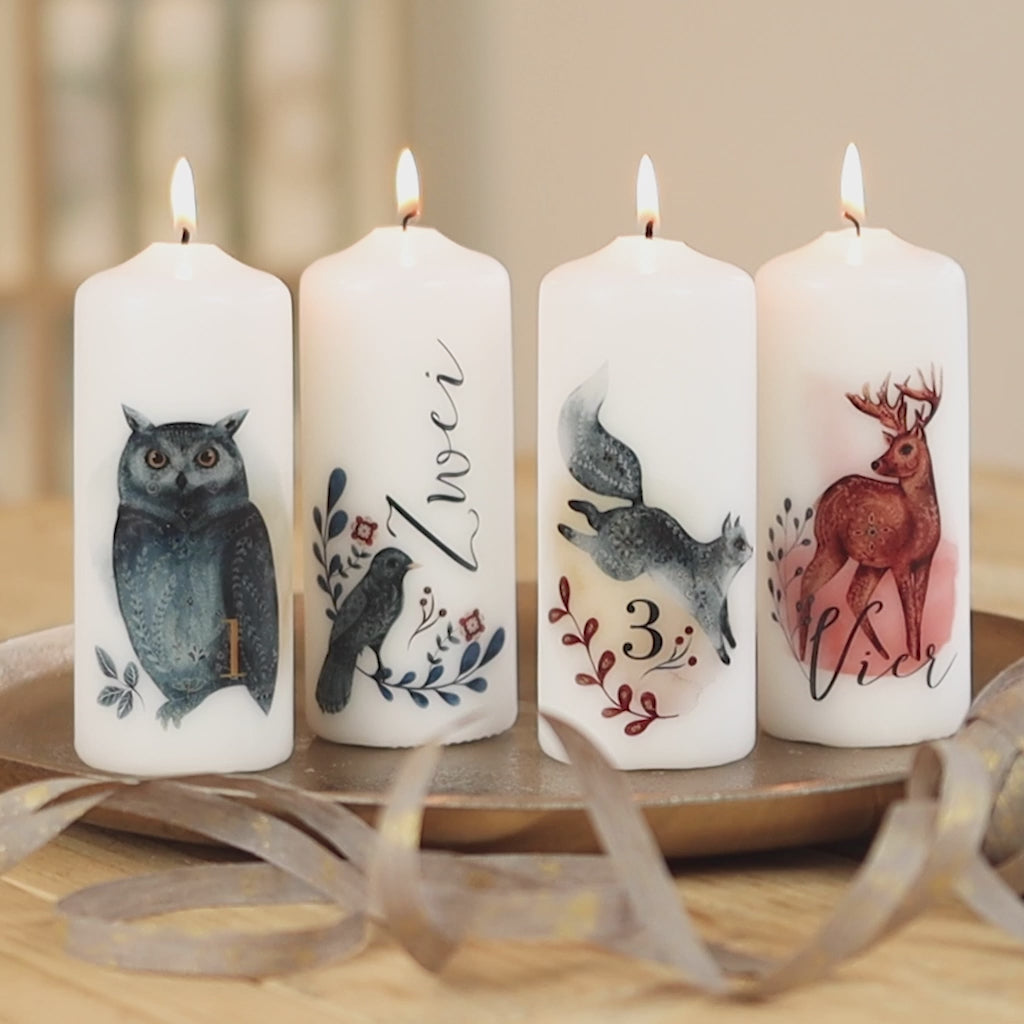 Adventskerzen mit Zahlen - Wintertiere