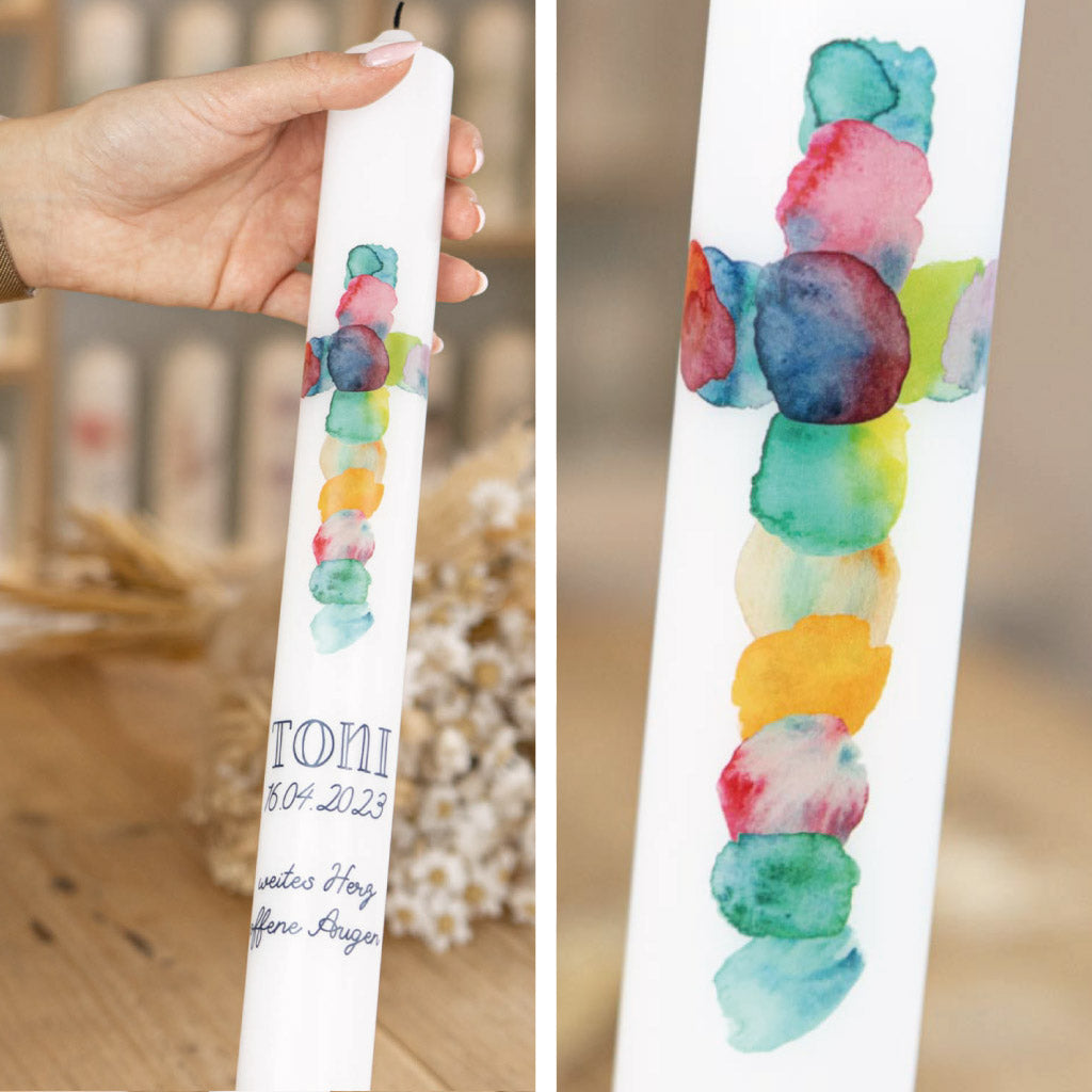 Kommunionkerze Regenbogen Kreuz Toni