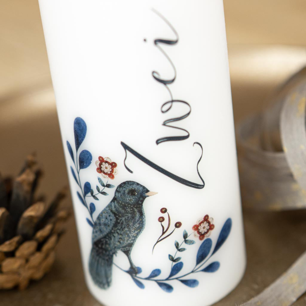 Adventskerze mit Vogel und Zahl