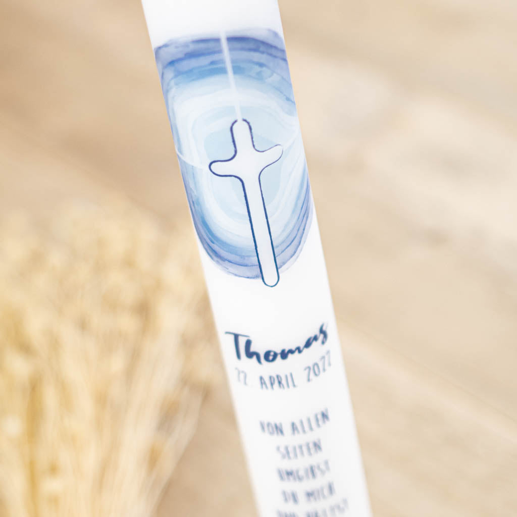 Kommunionkerze Kreuz blau