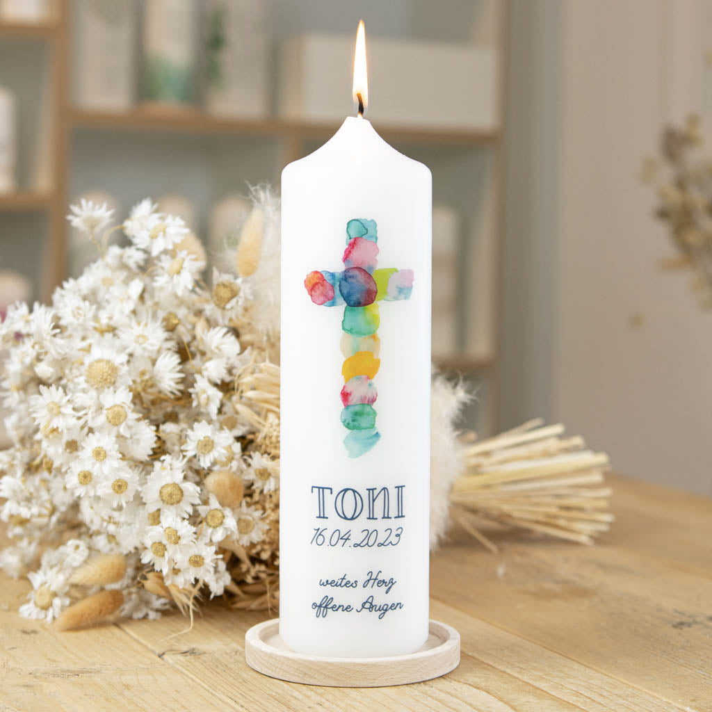 Kommunionkerze Kreuz Regenbogen 25cm