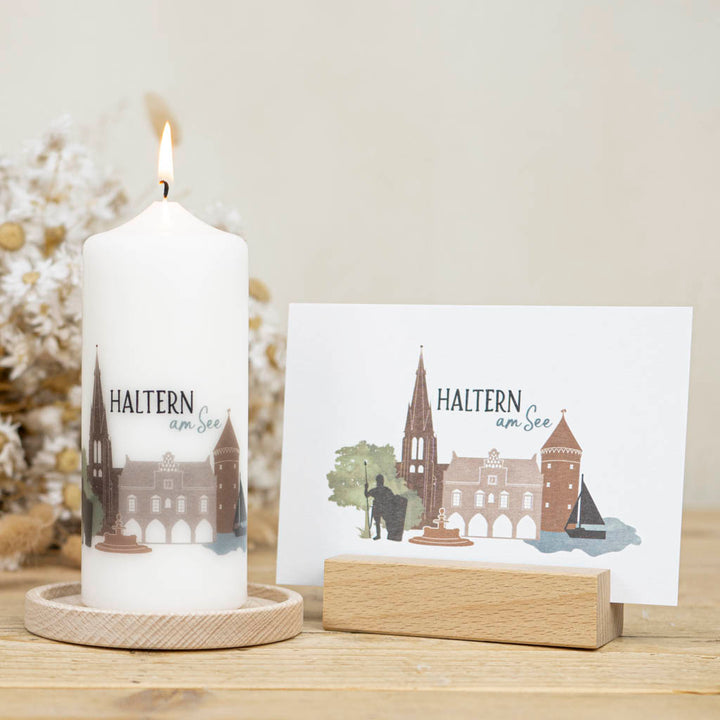 Geschenkkerze mit dem Stadtbild von Haltern am See mit Grußkarte