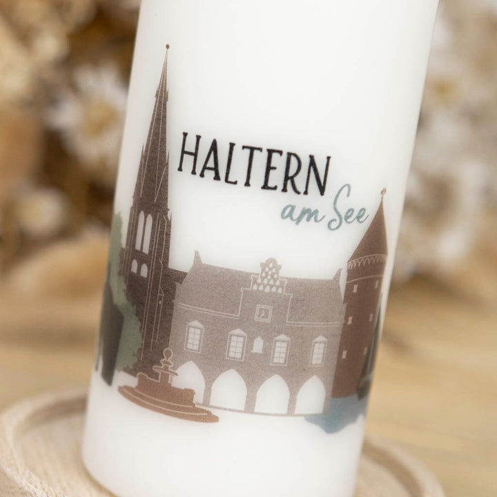 Geschenkkerze mit dem Stadtbild von Haltern am See