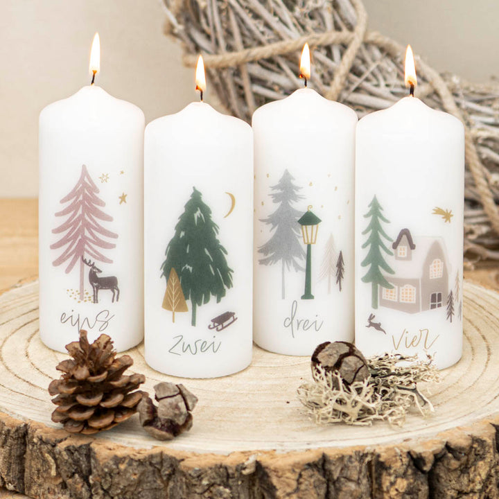 Adventskerzen mit Motiven Winterwald