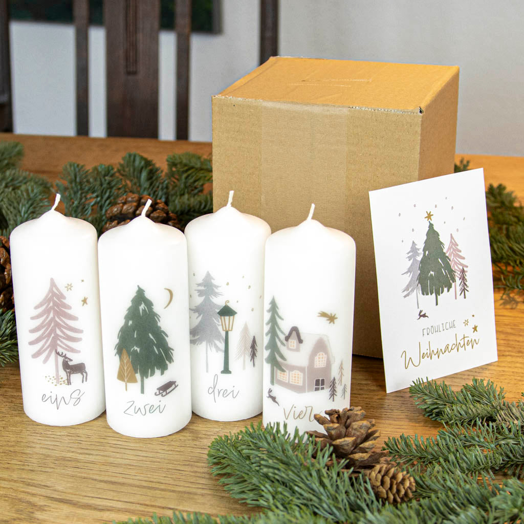 Adventskerze mit Zahlen Winterwald mit Verpackung und passender Grußkarte
