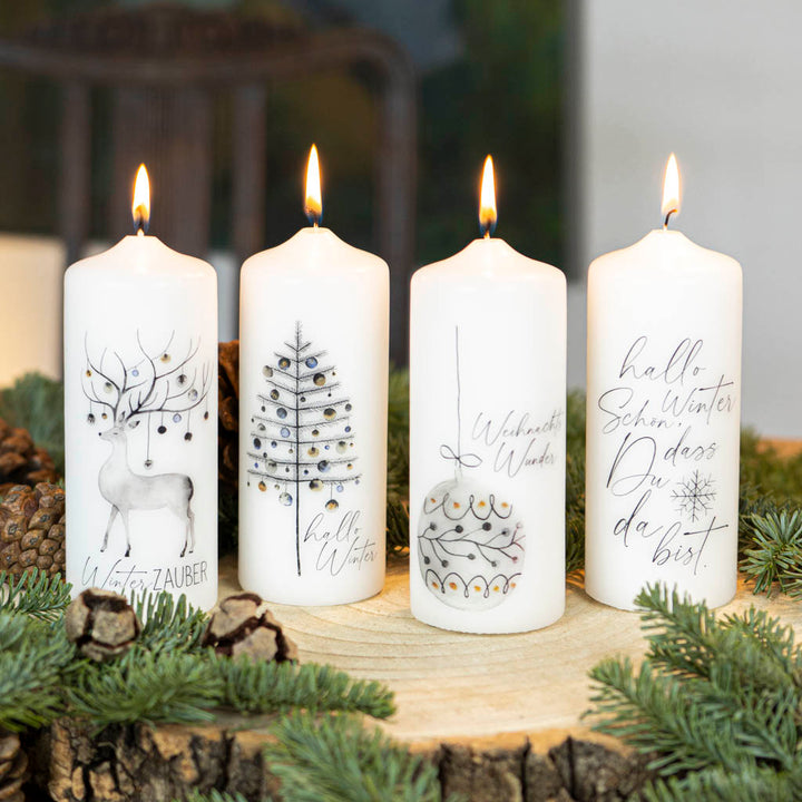Adventskerzen Winterzauber mit modernen Motiven in Gold und Blau