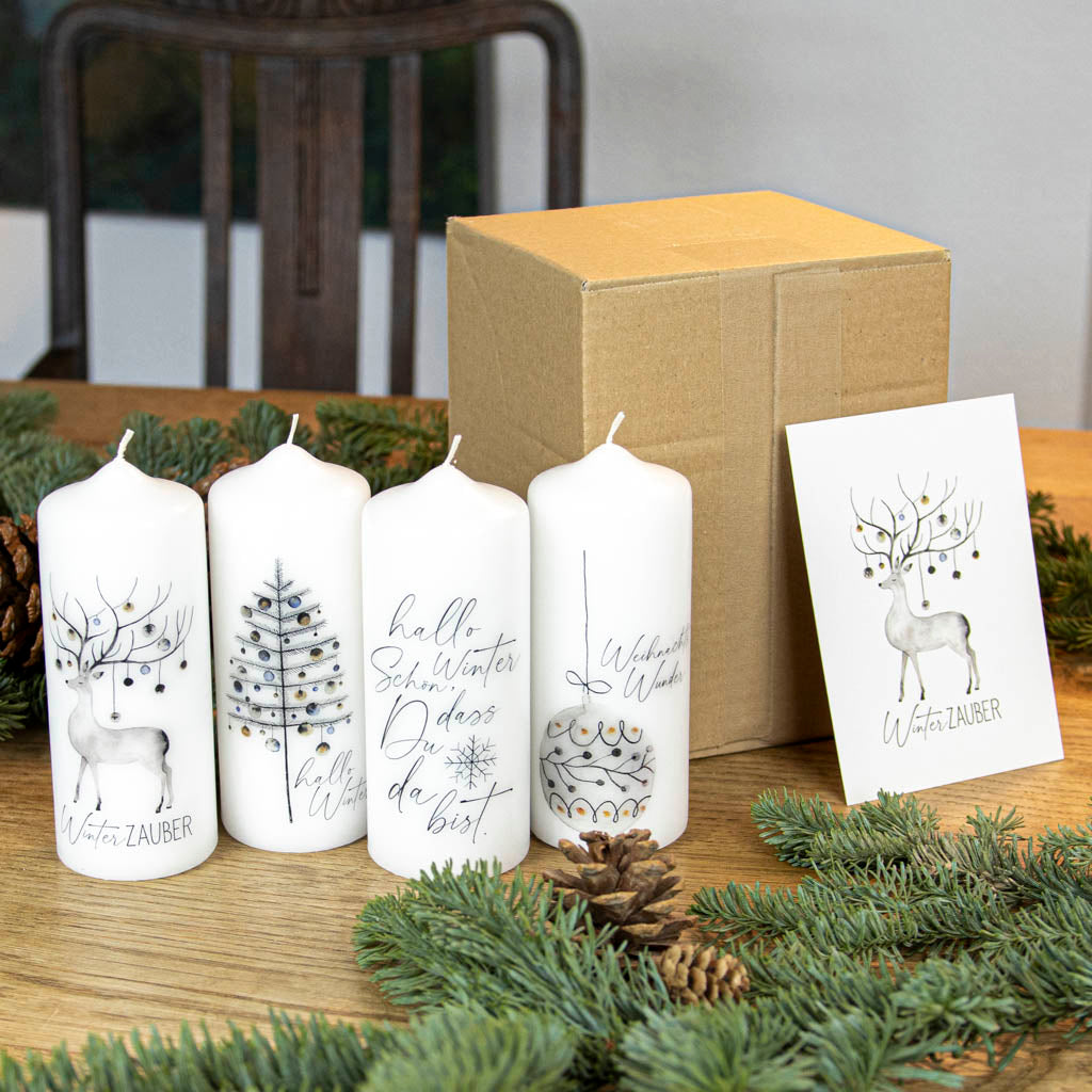 Adventskerzen Set Winterzauber mit Verpackung und Grußkarte