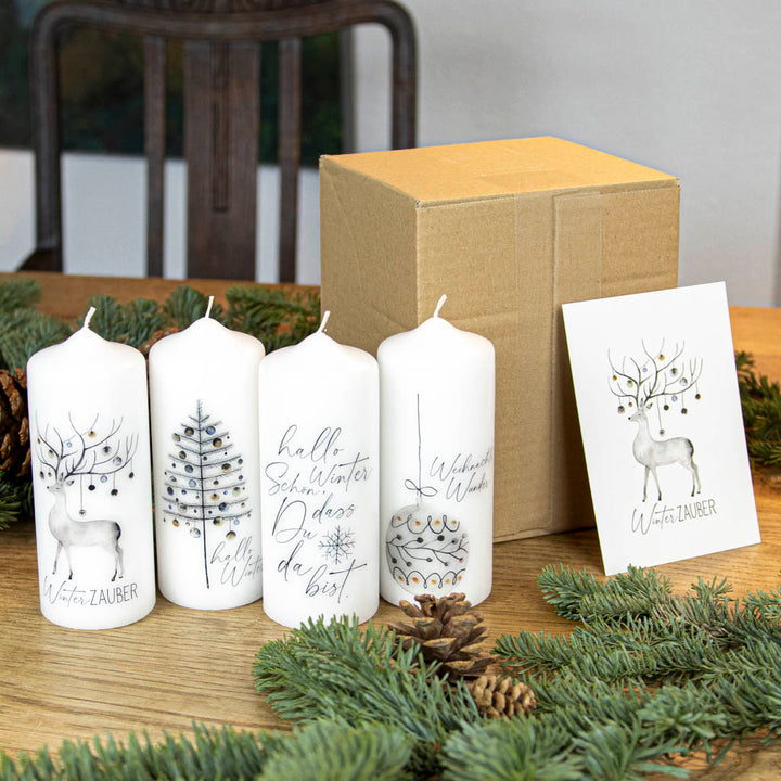 Adventskerzen Set Winterzauber mit Verpackung und Grußkarte