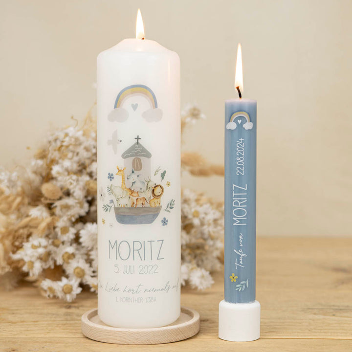 Taufkerze Arche mit passender Gastgeschenkkerze