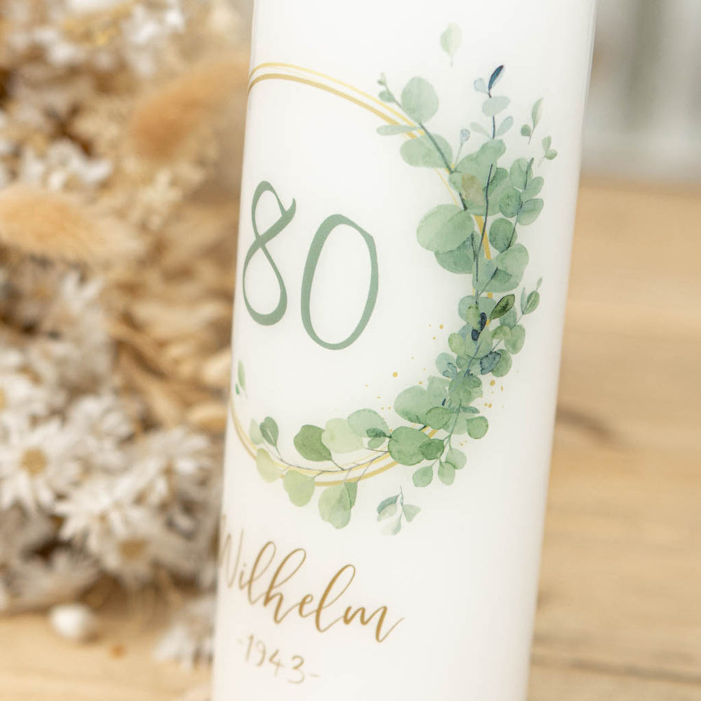 geburtstagskerze eukalyptus und gold