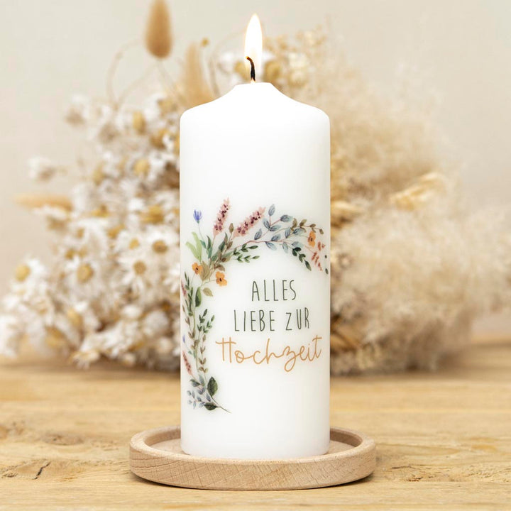 Geschenkkerze zur Hochzeit mit passendem Kerzenhalter Holz