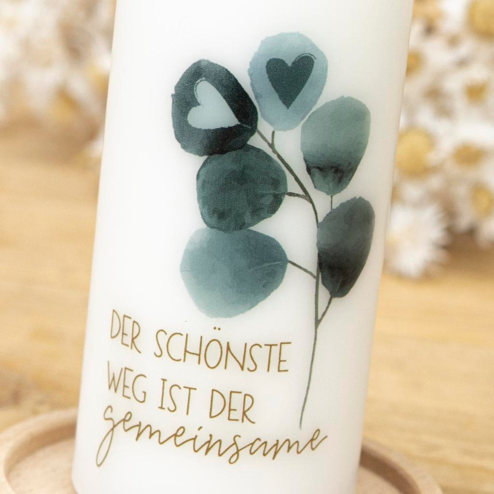 Geschenkkerze Trauung zwei Herzen und Eukalyptus 