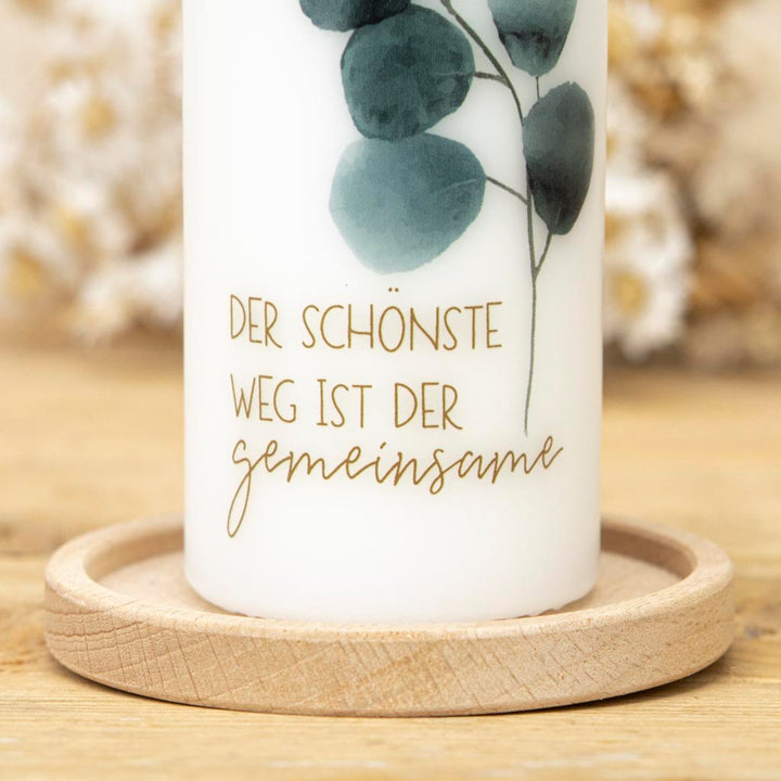 Geschenkkerze zur Hochzeit der gemeinsame Weg in Gold mit Eukalyptus 