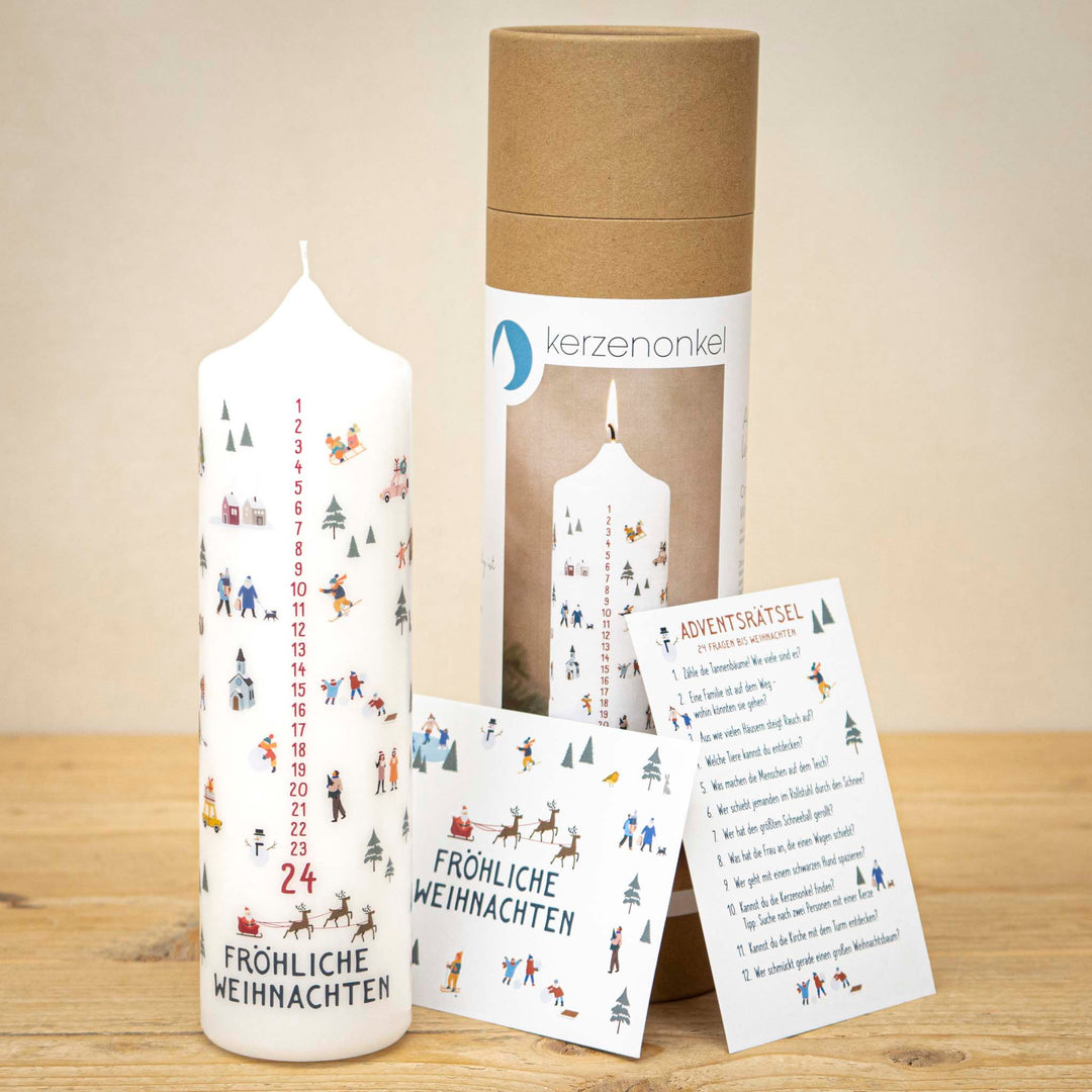 Adventskalender Kerze Wimmelbild mit Verpackung, Postkarte und Adventsrätsel