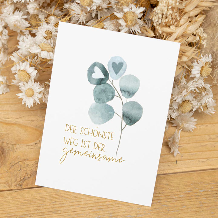 Grußkarte zur Hochzeit mit Herze und Eukalyptus