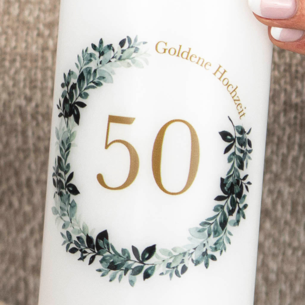 Geschenk goldene Hochzeit als Kerze mit Motiv in Gold