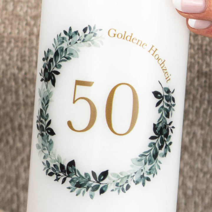 Geschenk goldene Hochzeit als Kerze mit Motiv in Gold