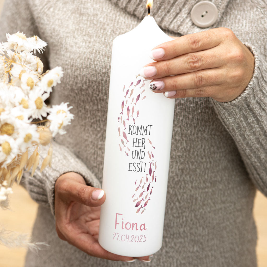 Kommunionkerze Fische in Altrosa für Mädchen