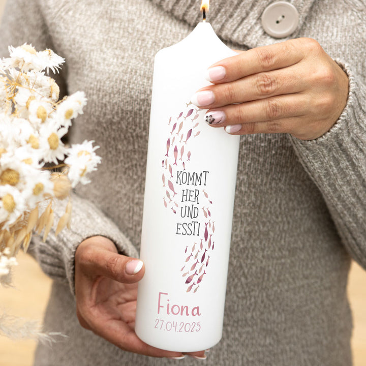 Kommunionkerze Fische in Altrosa für Mädchen