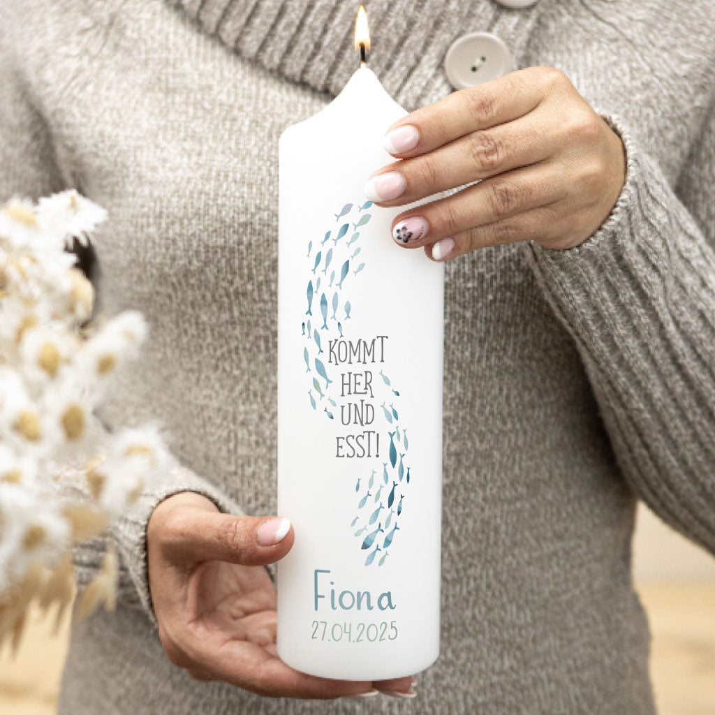 Kommunionkerze Fische mit Spruch, Namen und Datum