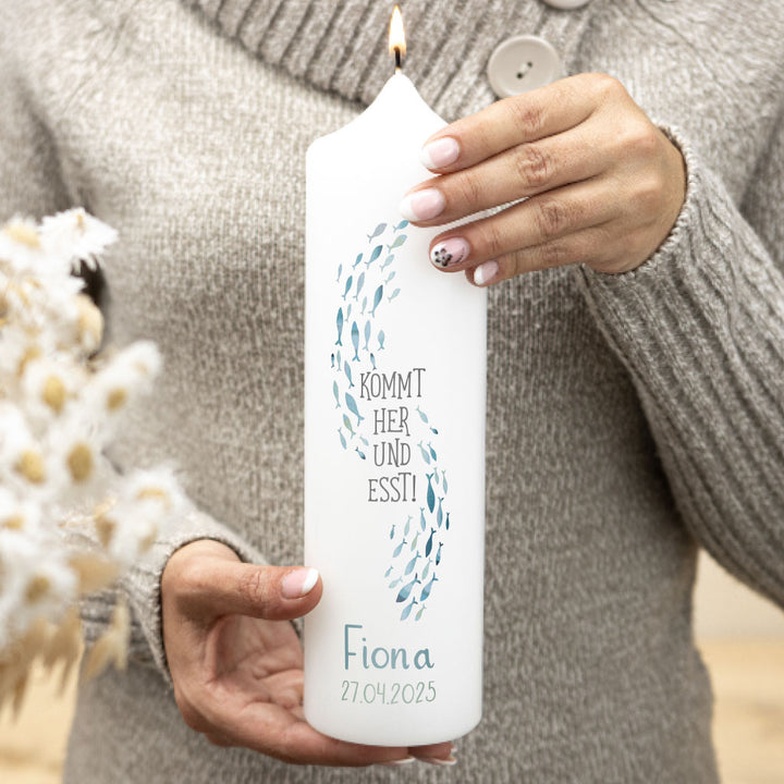 Kommunionkerze Fische mit Spruch, Namen und Datum