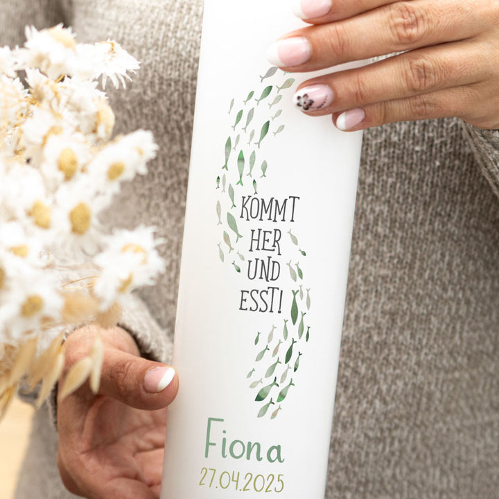 Individuelle Taufkerze Fische in Grün für Jungen und Mädchen