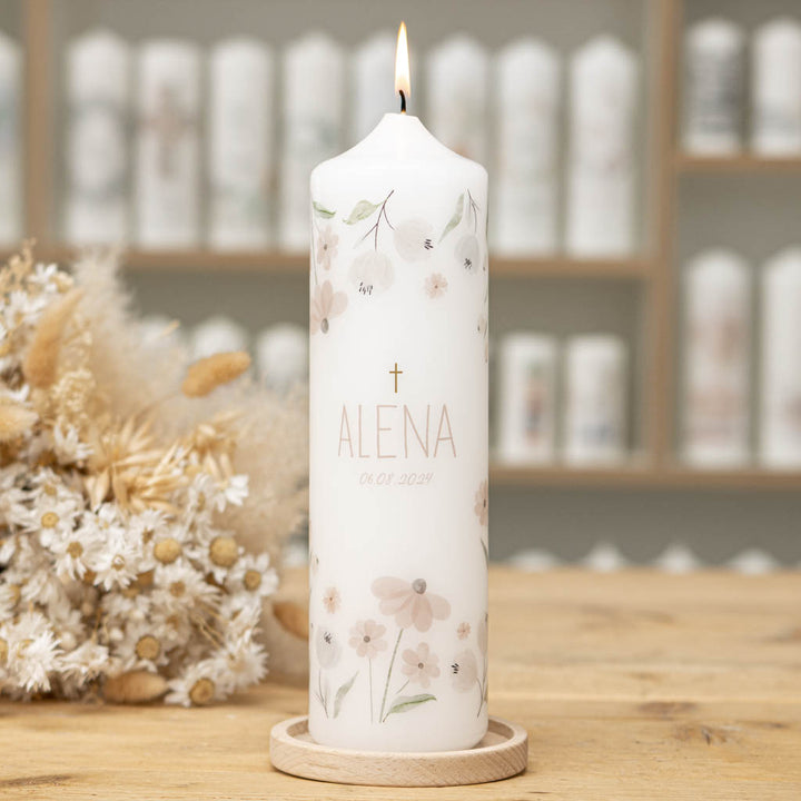 Kommunionkerze Blumen mit Kerzenhalter 
