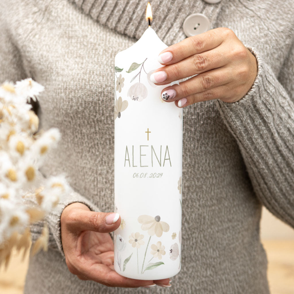 Taufkerze Blumen Beige für Mädchen und Jungen