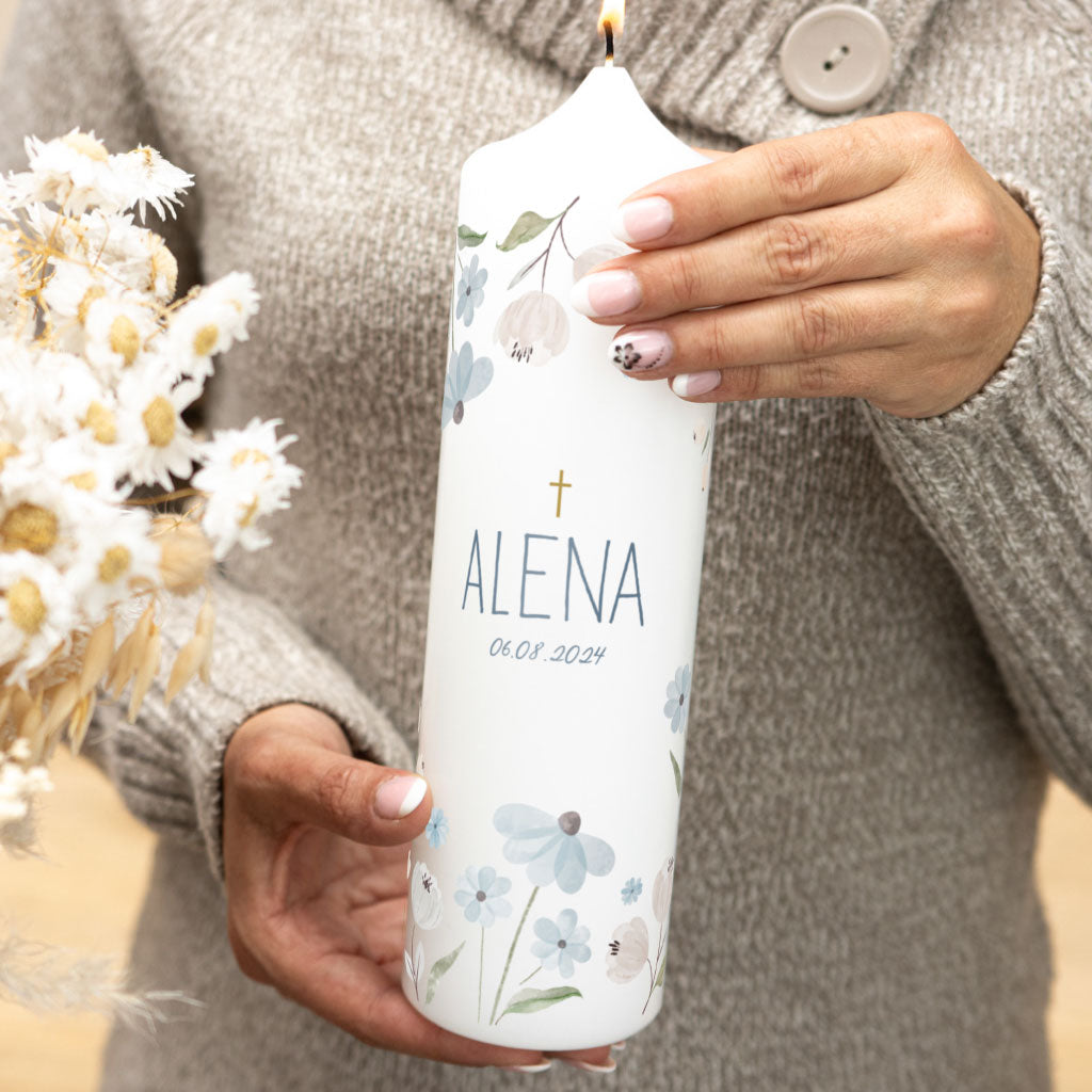 Taufkerze Alena Blau für Jungen und Mädchen