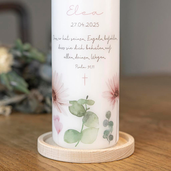 Kommunionkerze Psalm 91,11 Blumen