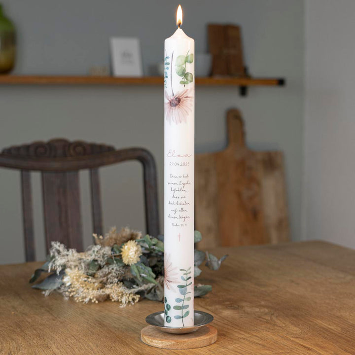 Kommunionkerze Eukalyptus und Blumen 40cm