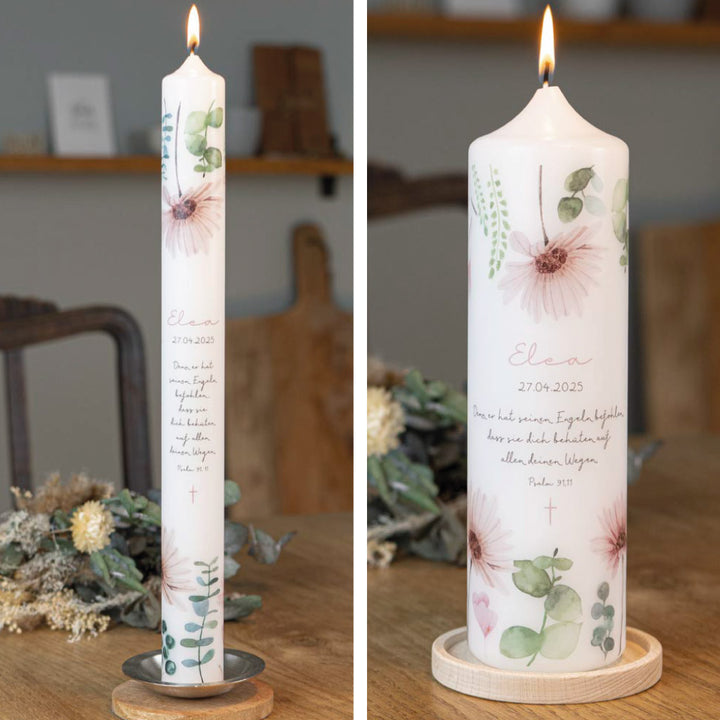 Kommunionkerze Eukalyptus und Blumen in zwei Größen