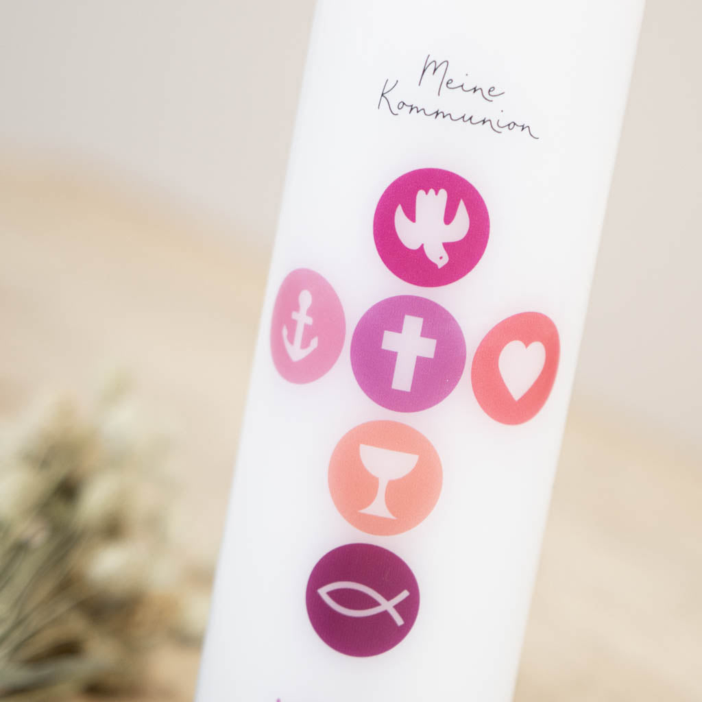 Kommunionkerze mit christlichen Symbolen