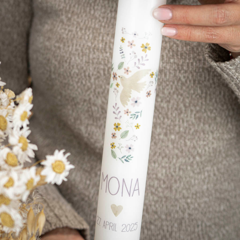 Kommunionkerze Taube und Blumenkreuz für Mädchen als Altarkerze in 40cm Länge