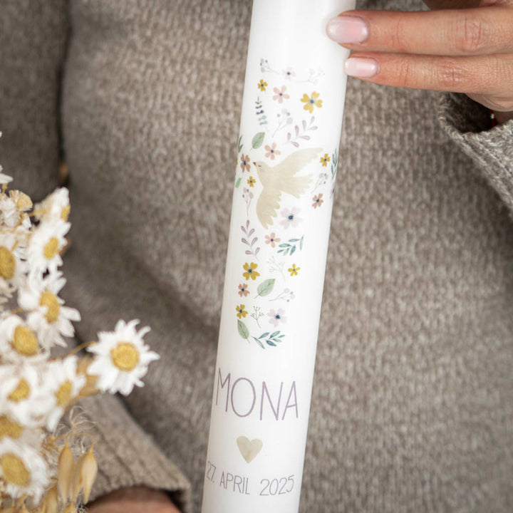 Kommunionkerze Taube und Blumenkreuz für Mädchen als Altarkerze in 40cm Länge