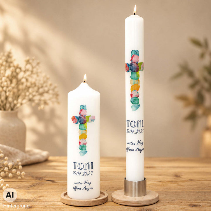 Kommunionkerze Regenbogenkreuz Toni in zwei Größen