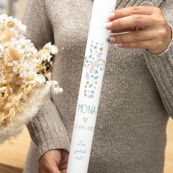 Taufkerze Kommunionkerze Kreuz und Taube in Blau für Jungen und Mädchen