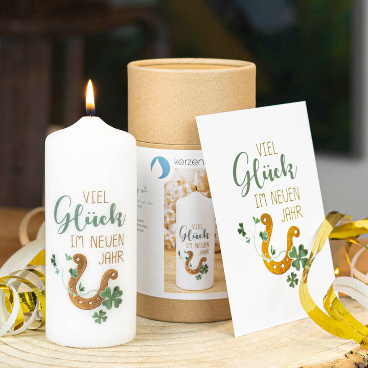 Kerze Neujahr im Geschenkset mit Box und Grußkarte