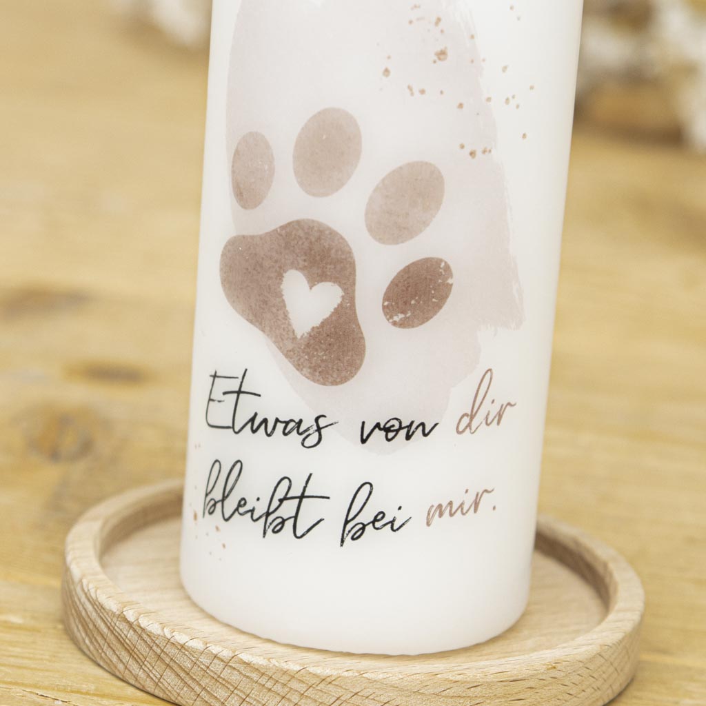 Trauerkerze Hund und Katze mit einer Pfote als Motiv und einem liebevollen Spruch