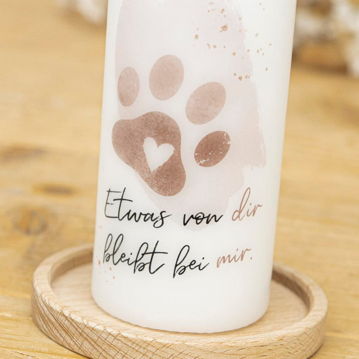 Trauerkerze Hund und Katze mit einer Pfote als Motiv und einem liebevollen Spruch