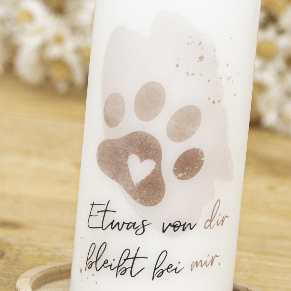 Gedenkkerze Katze und Hund mit einer Pfote als Motiv mit Herz