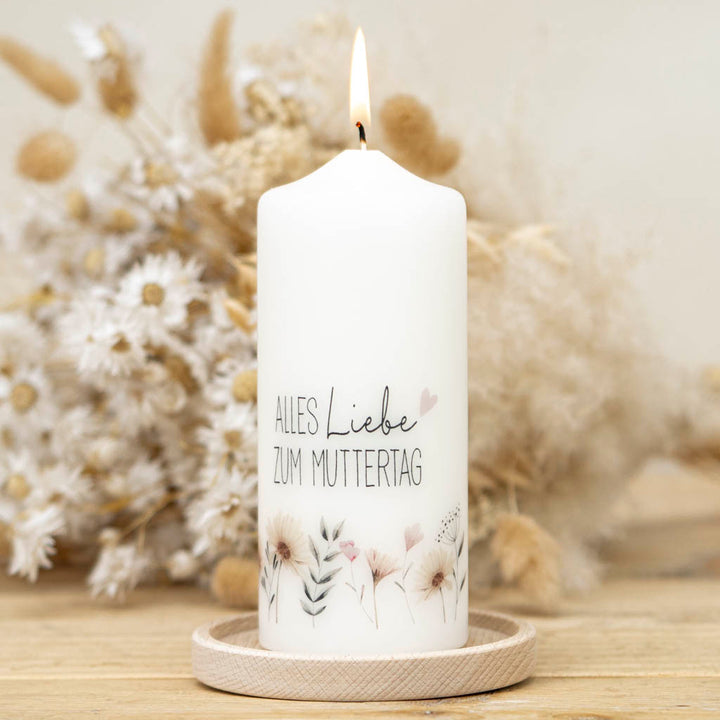 Muttertagskerze mit Blumen und Schriftzug