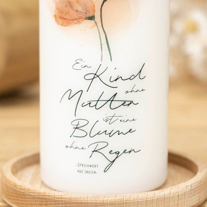 Muttertag Kerze mit liebevollem Sprichwort und Blumenmotiv