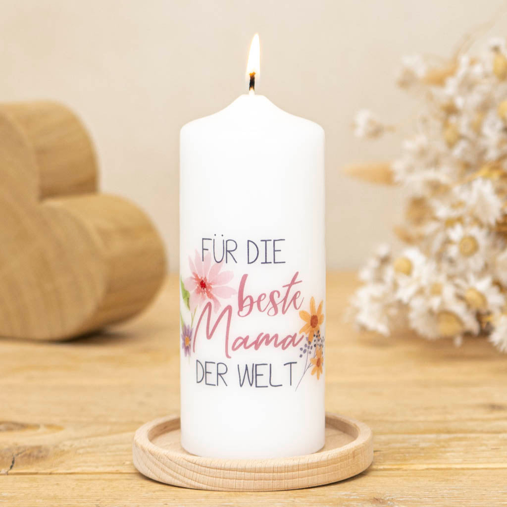 Geschenkkerze Muttertag mit Motiv mit passendem Kerzenhalter aus Holz
